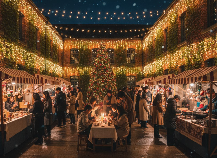 赤レンガと蔦に囲まれた広場で開催される、賑やかなクリスマスマーケット。中央には大きなクリスマスツリーがあり、温かい光と屋台の賑わいが幻想的な雰囲気を醸し出す。