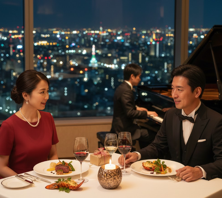 ホテルの高層階レストランで、夜景を背景にクリスマスディナーを楽しむ上品なカップル。ピアノの生演奏が流れ、ロマンチックな雰囲気を一層引き立てる。