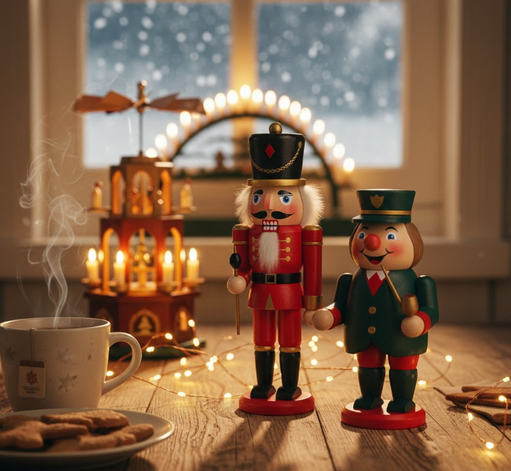 ドイツの伝統的なくるみ割り人形と煙出し人形。温かい飲み物とクッキー、クリスマスキャンドルの背景。