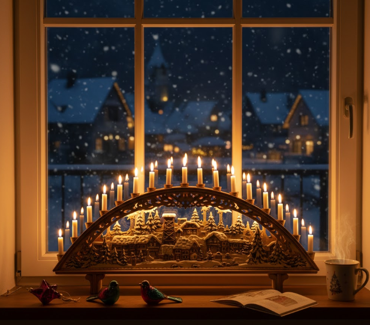 雪が降るドイツの夜、窓辺に飾られた伝統的なシュヴィップボーゲンが温かい光を放つ。