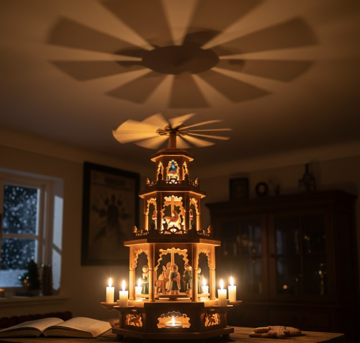 ろうそくの熱でプロペラが回るドイツのクリスマスピラミッド。幻想的な影が天井に映る。