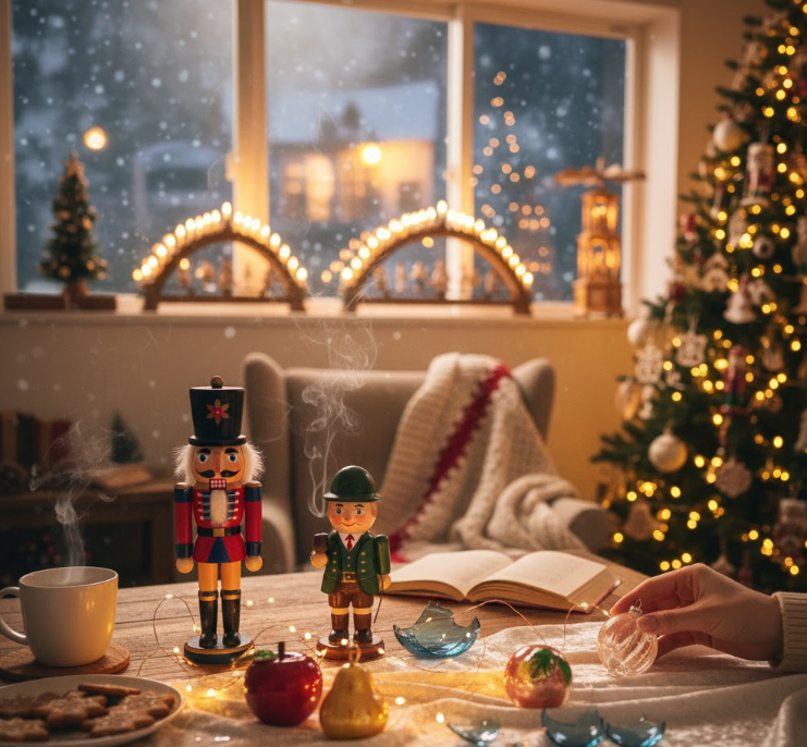 繊細なガラスオーナメントをクリスマスツリーに飾る日本人女性の手元。ドイツのくるみ割り人形と煙出し人形も飾られている。