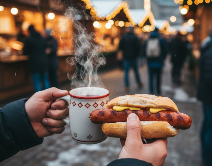 ドイツのクリスマスマーケットの定番グルメ、湯気が立つグリューワインのマグカップとパンに挟んだ焼きソーセージをアジア人の手が持っている。