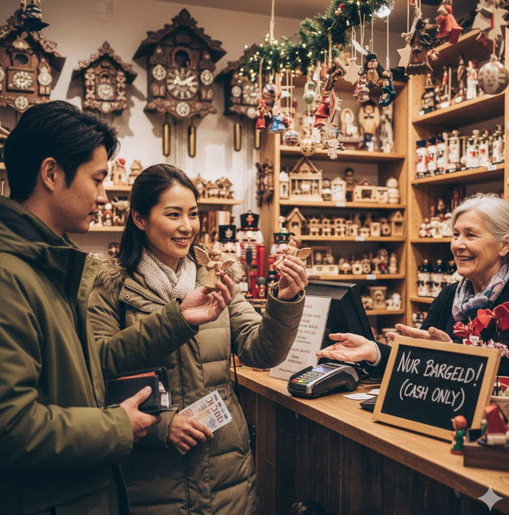 ドイツの土産物店でお土産を購入している日本人カップル。