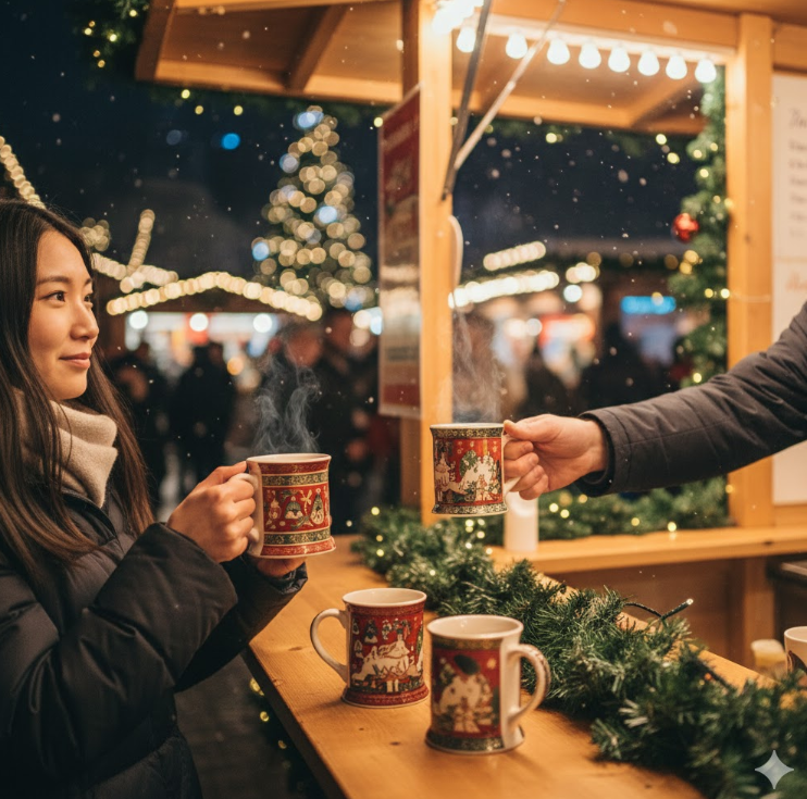 ドイツのクリスマスマーケットで、店員からクリスマス柄のマグカップに入った温かいグリューワインを受け取る日本人女性。雪が舞い、背景には賑やかなマーケットの様子が見える。