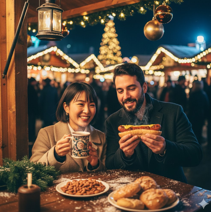 ドイツのクリスマスマーケットの屋台で、ホットワインと焼きソーセージを楽しむ日本人女性と欧米人男性。温かい湯気が立ち上る。