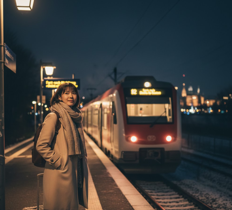 夜のドイツの駅のホームで、スーツケースを持ち電車を待つ日本人女性旅行者。遠くには都市の灯りが見える。