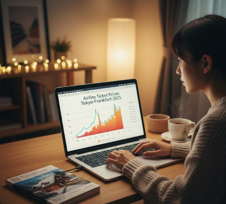 自宅でノートパソコンを使い、ドイツ行きの航空券価格変動グラフを見ながら旅行計画を立てる若い日本人女性。机にはカレンダーと旅行パンフレットがある。