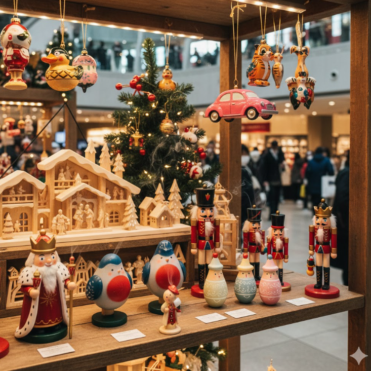 ケーテ・ウォルファルトの店舗で展示されている、くるみ割り人形、スモーキー、そして様々なクリスマスオーナメント