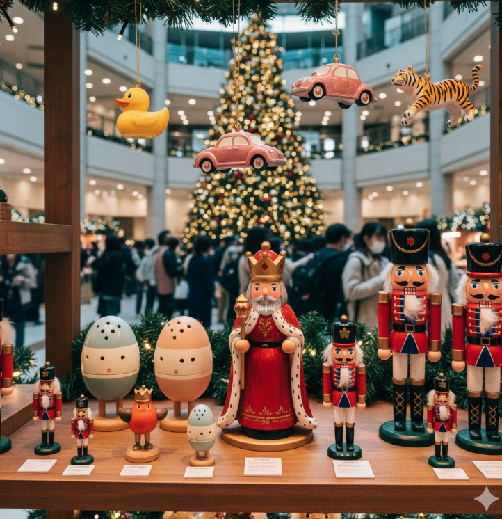2025年モデルの「King」スモーキーや様々なくるみ割り人形、吊り下げられたユニークなオーナメント