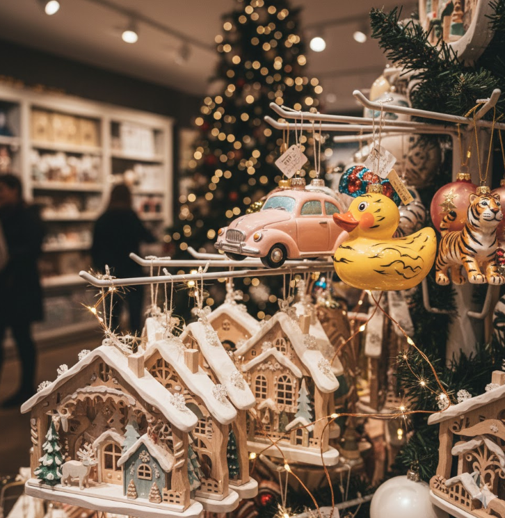 「ウィンターワンダーランド」シリーズの木製オーナメントと、ピンクのボビーカーやタイガーダックなどのガラス製オーナメントが並ぶディスプレイ