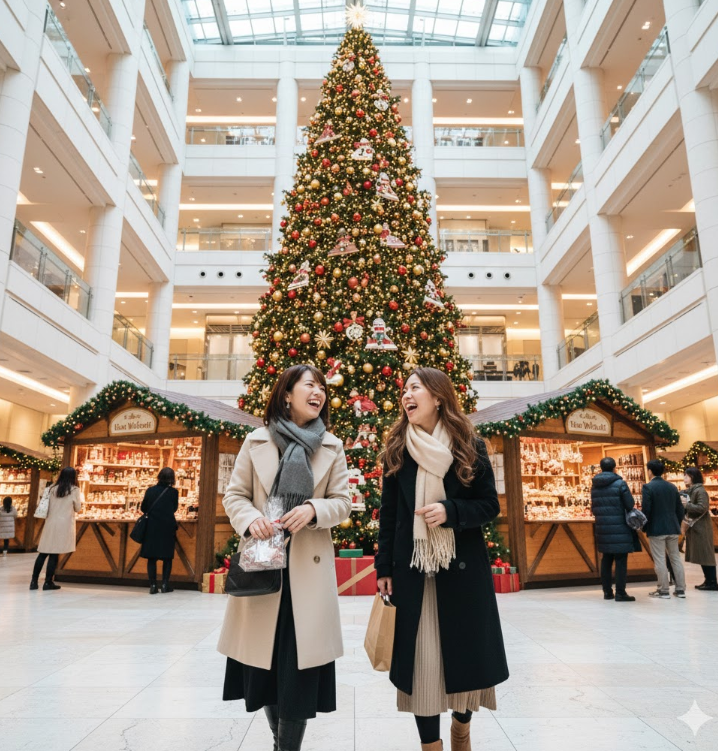  名古屋ミッドランドスクエアの広々としたアトリウムで楽しそうに歩く女性2人