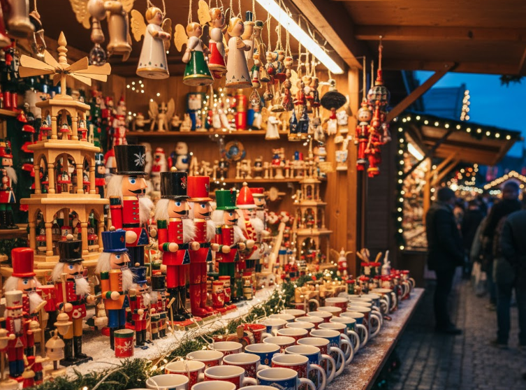 クリスマスマーケットの屋台に並ぶお土産。カラフルなグリューワインのマグカップと、くるみ割り人形などの木工芸品。