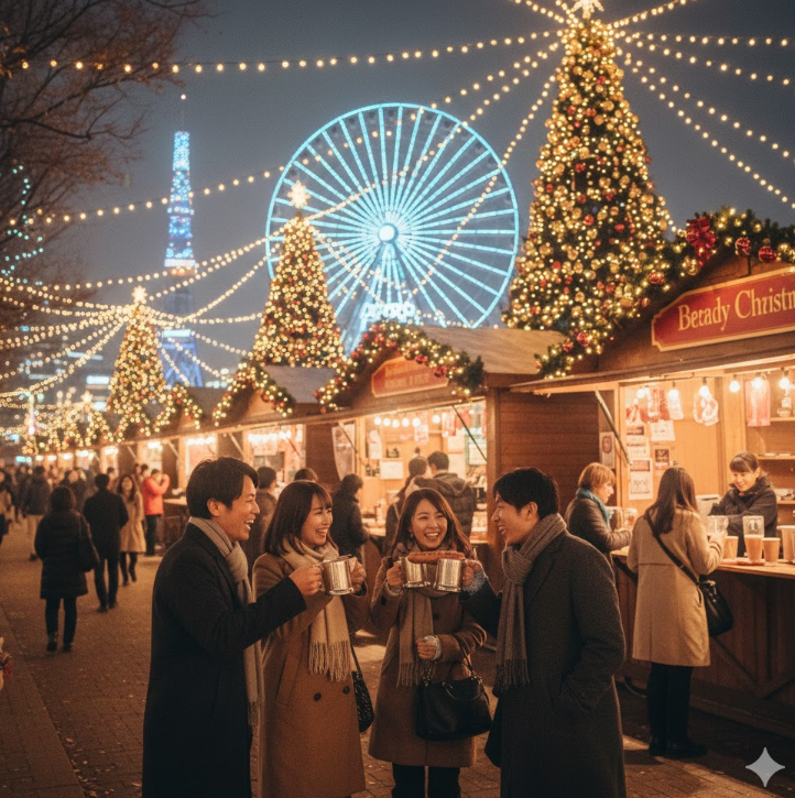 久屋大通のクリスマスマーケットの幻想的な風景の前で楽しそうに過ごす日本人グループ。