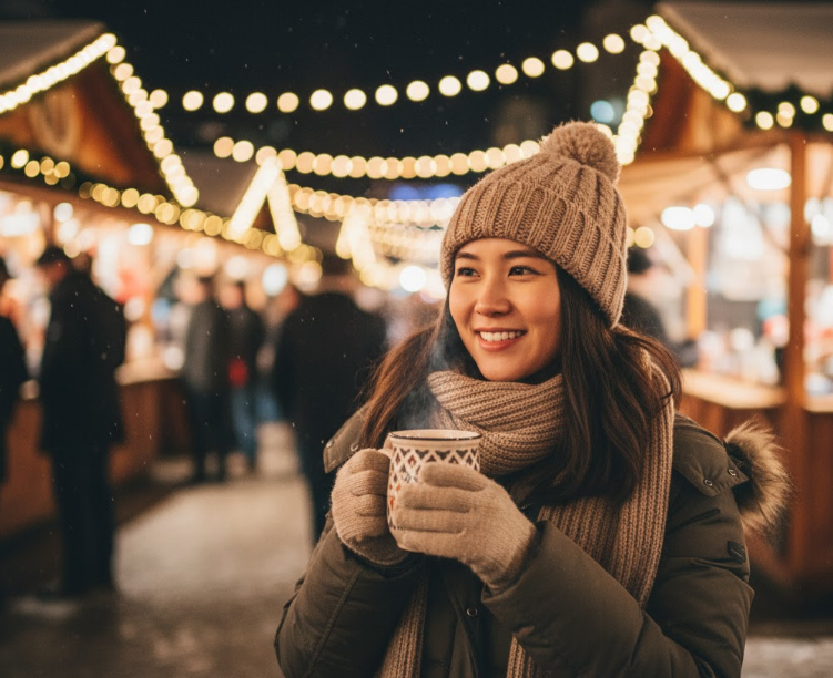 ドイツのクリスマスマーケットで、帽子、マフラー、手袋、厚手のコートを着て防寒対策をしながら楽しんでいるアジア人女性。