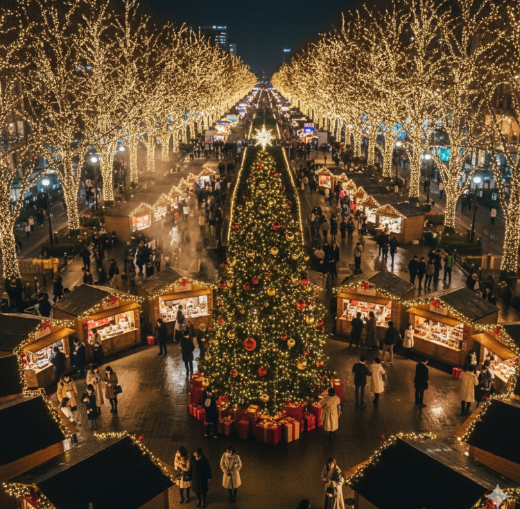 仙台市内の夜景とクリスマスマーケット。中央に高くそびえる華やかに装飾されたクリスマスツリーがあり、周囲には木造の可愛らしい屋台(ヒュッテ)が立ち並んでいる。通り沿いの木々もLEDライトで煌びやかに飾り付けられ、多くの人々(日本人)がマーケットを楽しんでいる様子が上空から捉えられている。