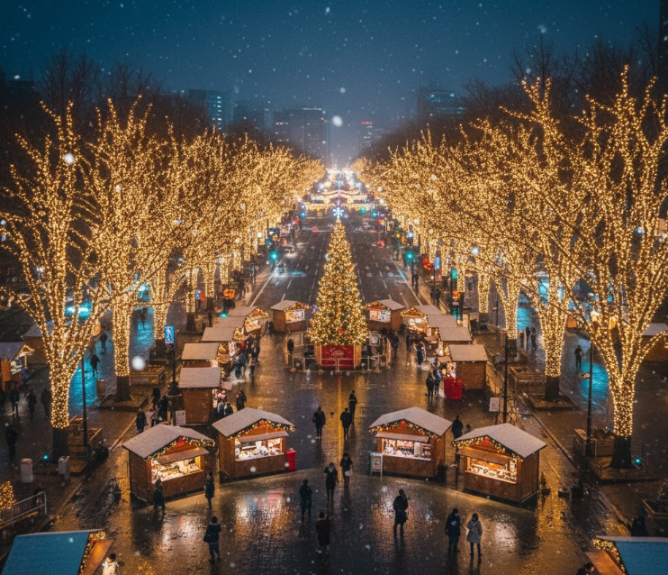 雪が舞う冬の夜の仙台クリスマスマーケット。中心にはライトアップされた大きなクリスマスツリーがあり、その左右には温かい光を放つ木造の屋台が並んでいる。通りの両側には「SENDAI光のページェント」のように飾り付けられた木々が続き、多くの来場者(日本人)が雪の中、幻想的な雰囲気の中を歩いている。