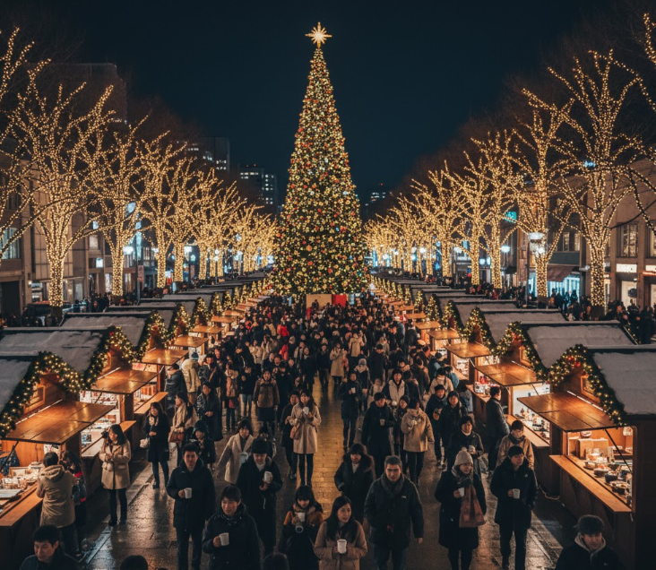 夜の仙台クリスマスマーケットの鳥瞰図。中央には華やかに飾られた巨大なクリスマスツリーが輝き、その手前には多くの来場者(日本人)で賑わう通路が続いている。左右には温かい光を放つ木造の屋台が立ち並び、さらに奥には光のページェントのようにライトアップされた木々が広がっている。全体的に混雑している様子がうかがえる。