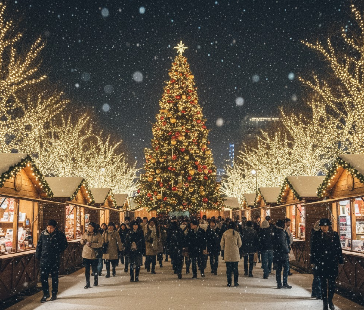 雪が降る夜のクリスマスマーケットと光のページェントのコラボレーション。中心には巨大なクリスマスツリーがあり、その左右には温かい光を放つ木造の屋台が並び、多くの人々(日本人)で賑わっている。通りの両側には、ライトアップされた木々が延々と続き、まるで光のトンネルを形成しているかのような壮大な景観。