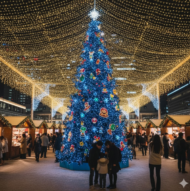 JR博多駅前広場のクリスマスマーケット。マリオのオーナメントが飾られた青いシンボルツリーと「光の街」のイルミネーション。