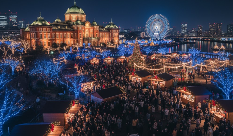 週末の夜に多くの人々で賑わう中之島クリスマスマーケットの混雑した様子。