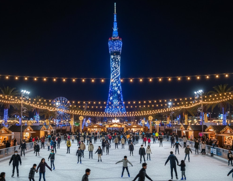 百道浜のクリスマスマーケットに設置されたアイススケートリンク。福岡タワーのイルミネーションを背景にスケートを楽しむ人々。