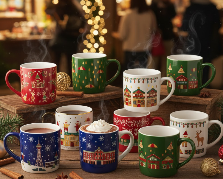 クリスマスマーケット福岡で販売される、雨の日や雪の日限定デザインを含む、色とりどりのオリジナルマグカップのコレクション