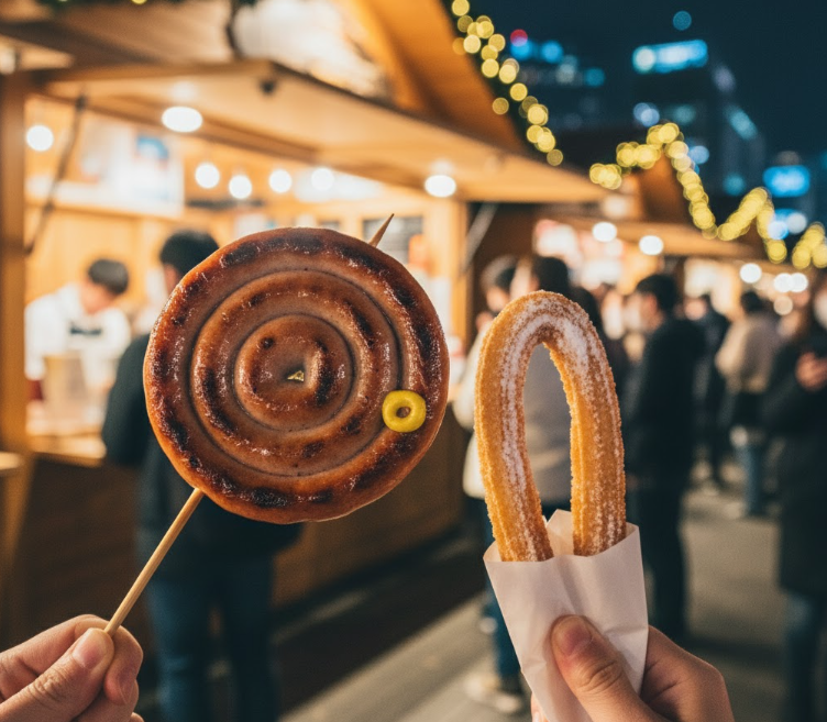 クリスマスマーケット福岡のおすすめグルメ。名物の「ぐるぐるソーセージ」と米粉チュロスを手に持つ様子。