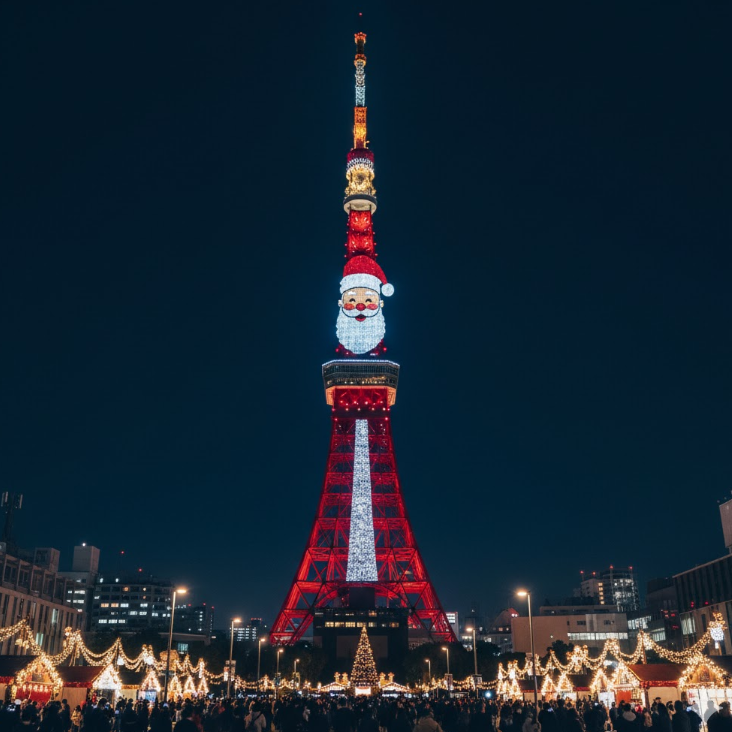 2025年ソラマチの新しい特別ライティング「サンタクロース」に照らされた東京スカイツリー。