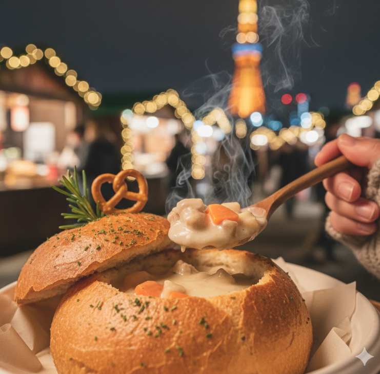 ソラマチ クリスマスマーケットの限定グルメ、温かいパンシチュー。