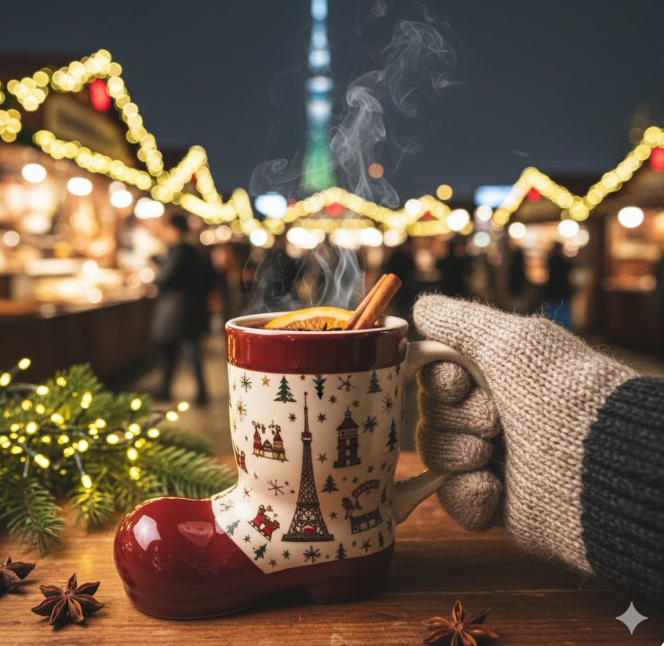 ソラマチ クリスマスマーケット限定のブーツマグ。温かいグリューワインと背景のイルミネーション。