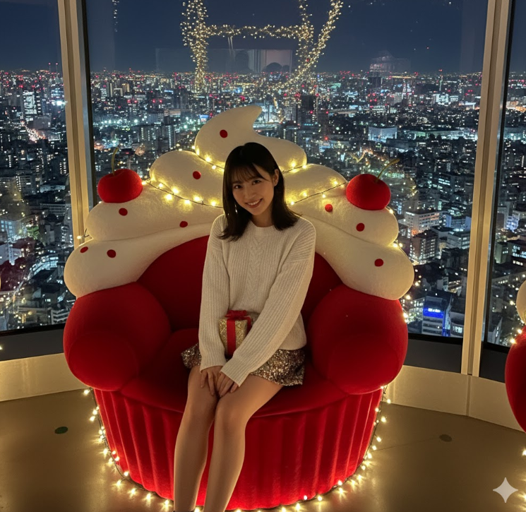 東京スカイツリー展望台のクリスマス限定フォトスポット。カップケーキの椅子に座る女性と夜景