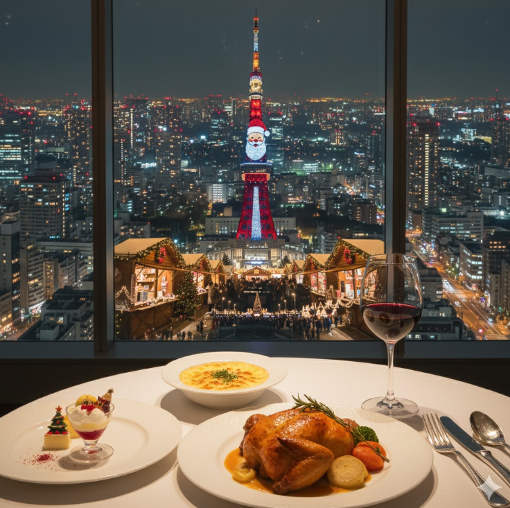 ソラマチ高層階レストランからの景色。ディナーと東京スカイツリーの夜景。