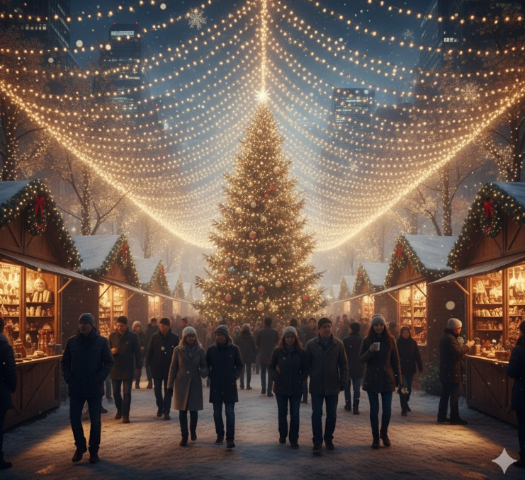 夜のクリスマスマーケットで非常に混雑している様子。多くの日本人訪問者が密集し、ゆっくりと進んでいる。