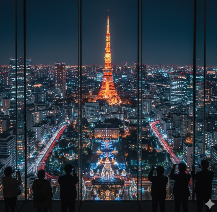 麻布台ヒルズの無料展望台から見える夜景。窓の外には東京タワーと都市のイルミネーションが輝いている。