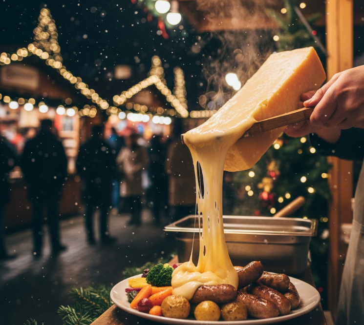 クリスマスマーケットの屋台グルメ。とろけるラクレットチーズを、ソーセージと温野菜にたっぷりとかけている様子。