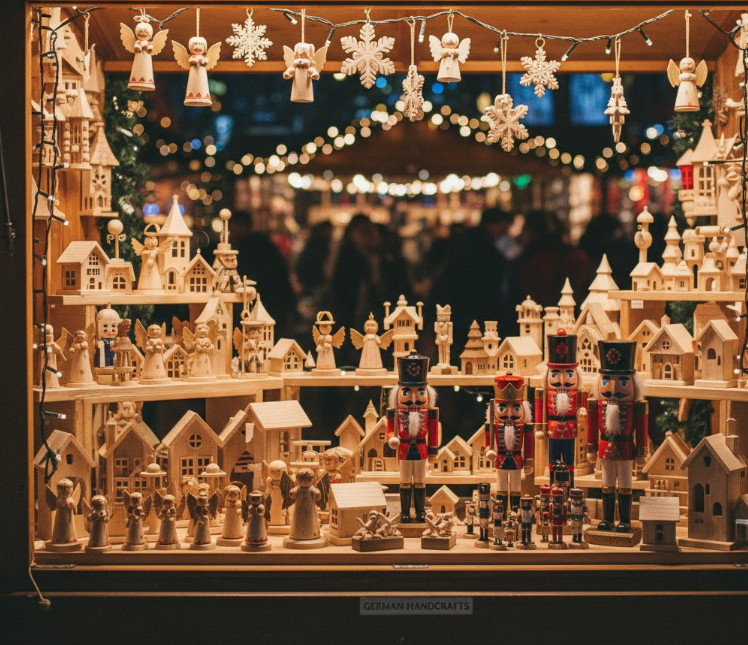 クリスマスマーケットの雑貨店に並ぶ、ドイツ製の精巧な木製クリスマスオーナメントやくるみ割り人形。

