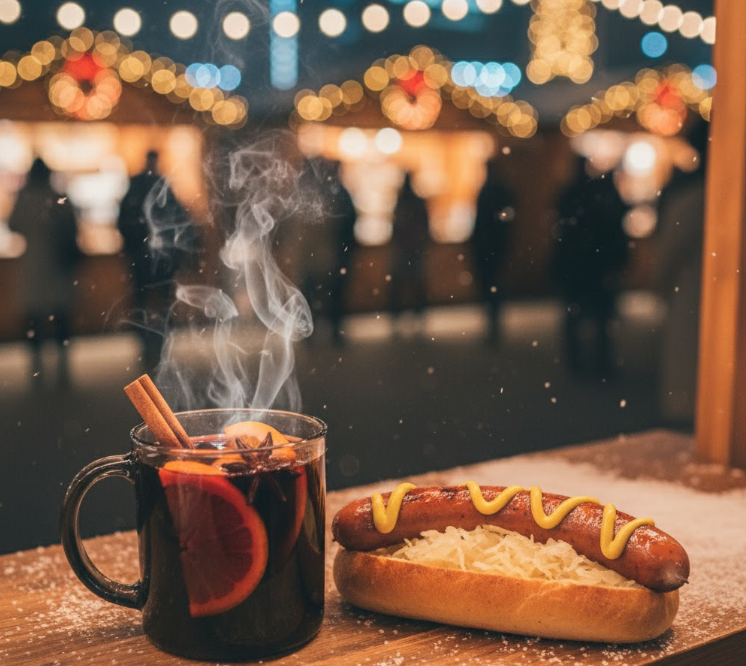 名古屋クリスマスマーケットのグルメ。湯気が立つホットワインとジューシーなソーセージ