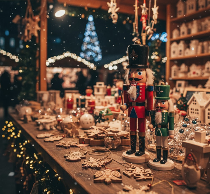 クリスマスマーケットで販売されているヨーロッパ直輸入の雑貨。木製オーナメントとくるみ割り人形。