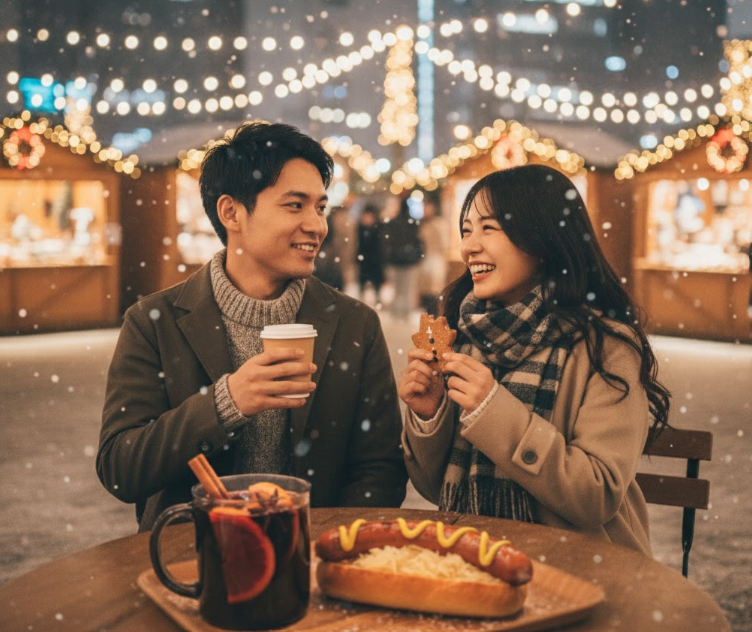 平日の夕方、名古屋クリスマスマーケットをリラックスして楽しむ日本人のカップル