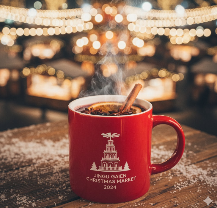 神宮外苑クリスマスマーケットの限定特典である「ストロベリーレッド」のオリジナルマグカップ。湯気の立つホットワインが注がれ、背景にはイベントのイルミネーションがぼかして写っている。