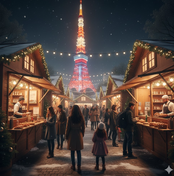 芝公園クリスマスマーケットの様子。伝統的なドイツの屋台が並び、背景にはライトアップされた東京タワーがそびえ立っている。