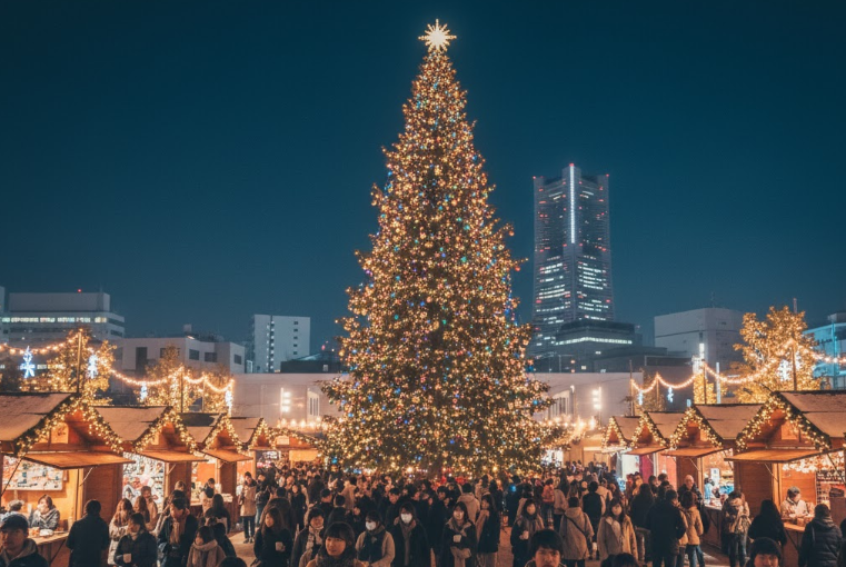 夜空に輝くてんしばクリスマスマーケットの巨大なクリスマスツリーとイルミネーション。背景にはあべのハルカスが見える。