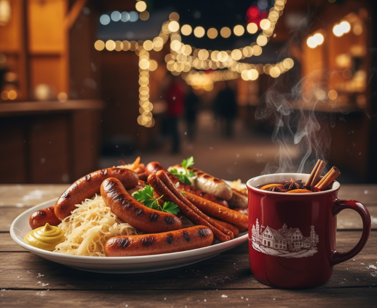  木製のテーブルに置かれた、こんがり焼けたドイツ本場のソーセージ盛り合わせと、マグカップに入った温かいグリューワイン（ホットワイン）。