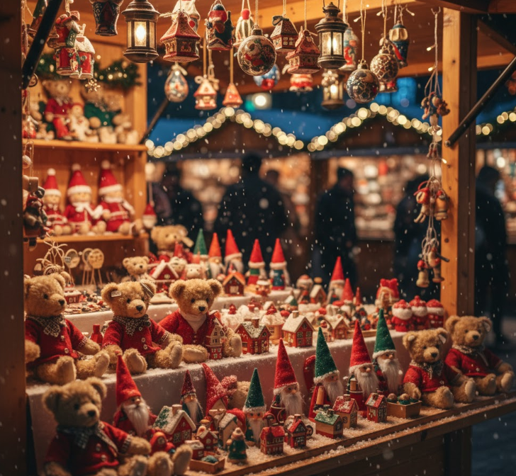 クリスマスマーケットの雑貨店の屋台に並べられた、シュタイフ風のテディベアやノルディカニッセ風の妖精人形、カラフルなオーナメントなどの限定お土産。