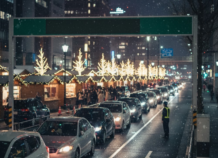 クリスマスマーケット会場近くの「満車」を示す駐車場サインと、入庫を待つ車の列。