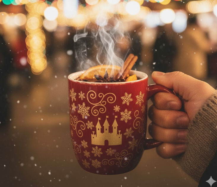 湯気が立つ高知限定のグリューワイン(ホットワイン)が入ったマグカップを持つ手。背景にはマーケットのイルミネーションがぼかして写っている。