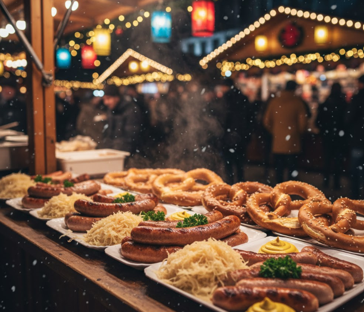 クリスマスマーケットの屋台で販売されている、食欲をそそる本格的なドイツソーセージとプレッツェル。