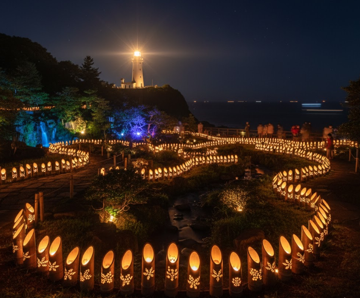 高知県内で開催される「光のフェスタ」の様子。竹灯りや灯台のライトアップなど、幻想的な光のイベント。