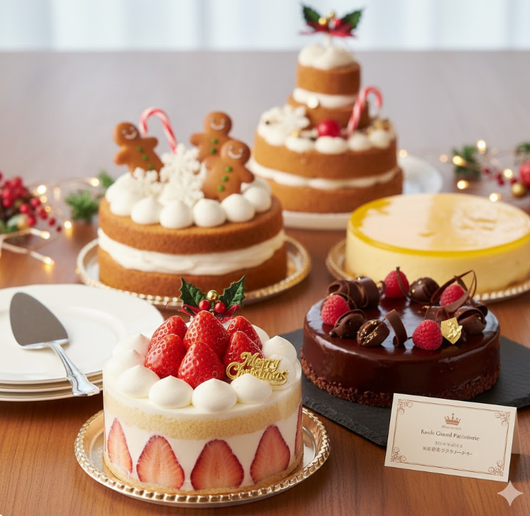 高知市内のホテルやパティスリーで予約できる、美しくデコレーションされたクリスマスケーキ。